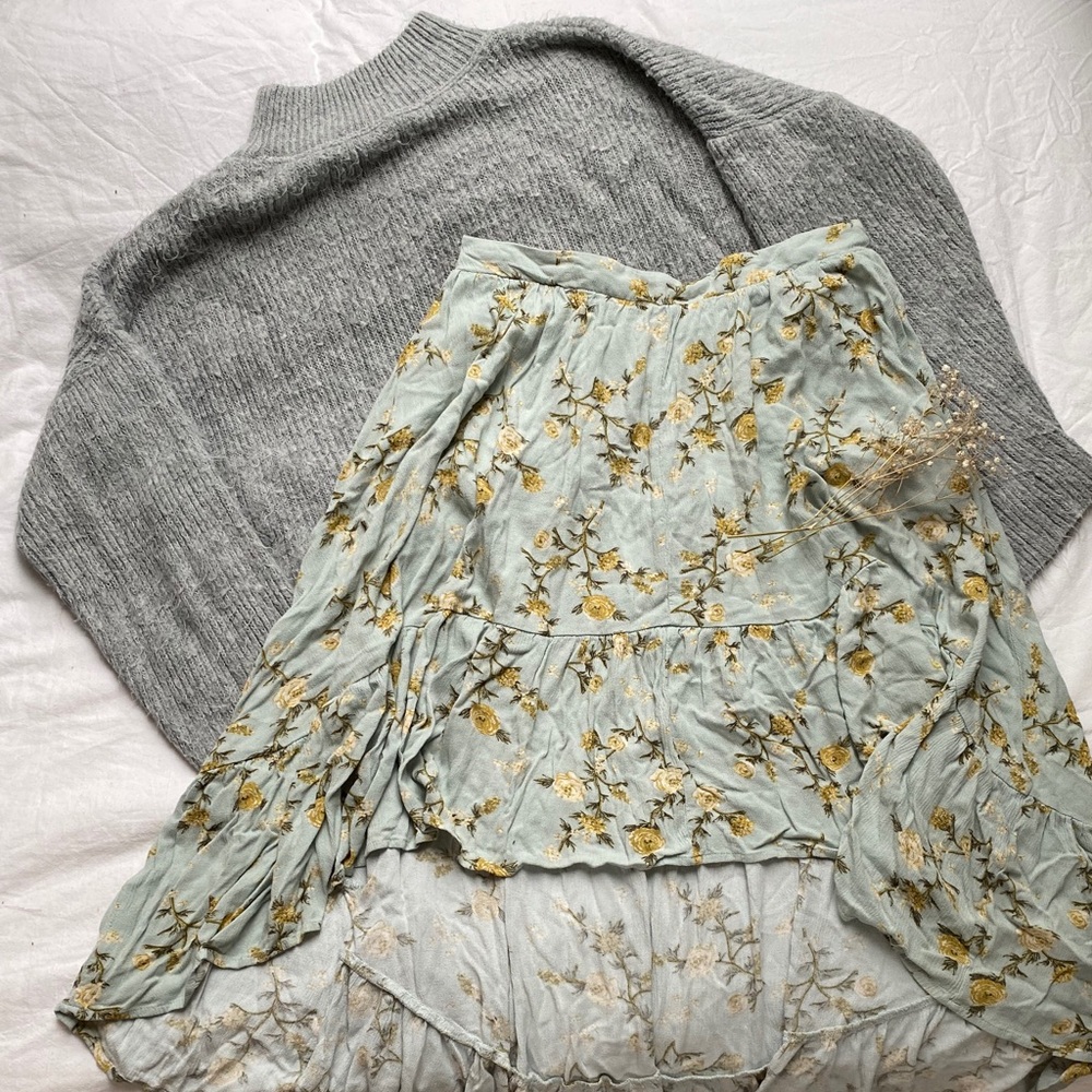 Blue and yellow floral high low skirt